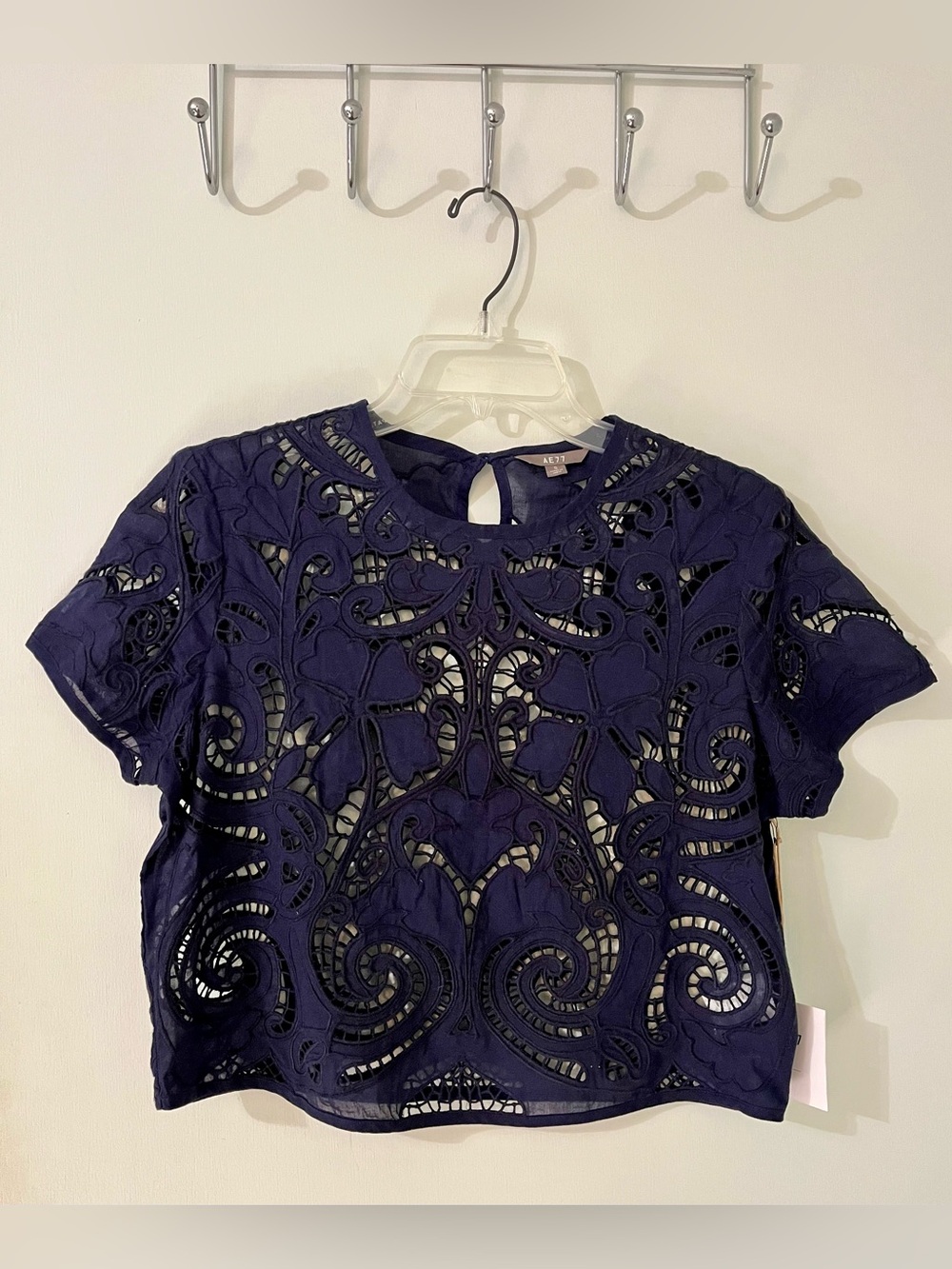 NWT AE77 Navy Blue Lace Short Sleeve Top by American Eagle Outfitters semi sheer